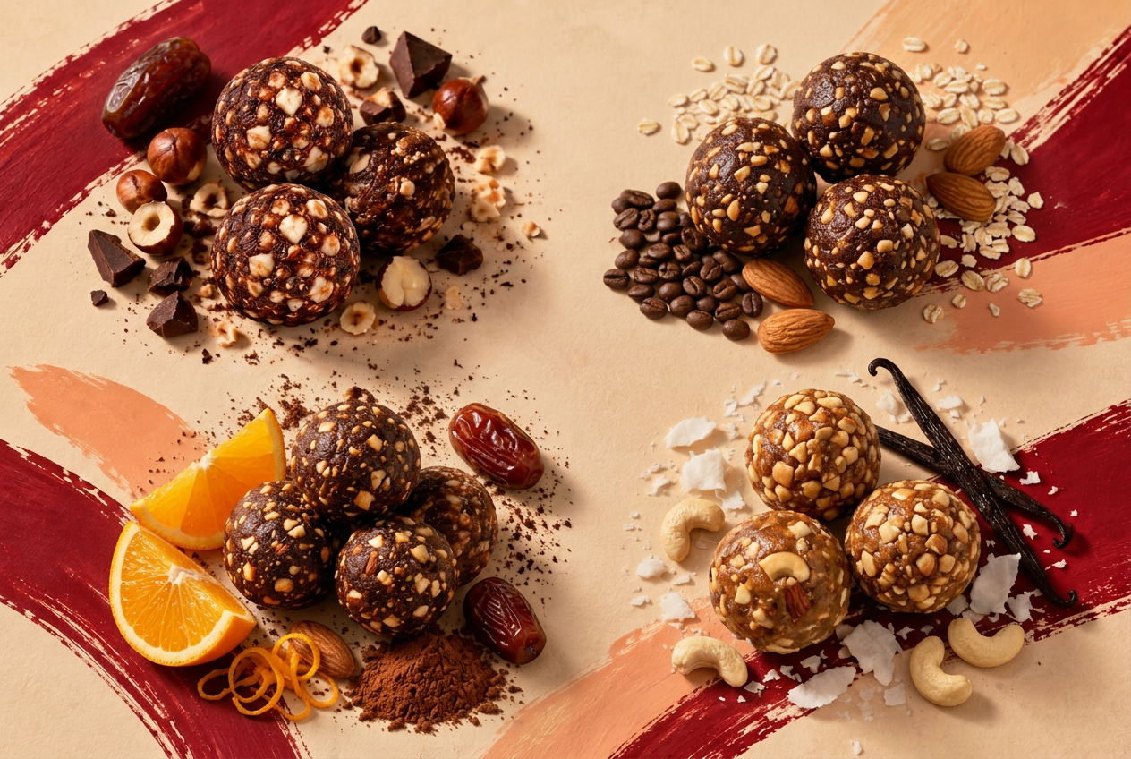 Belgian Chocolate and Coffee Almond laddoos above Choco Orange and Choco Vanilla laddoos, with their ingredients