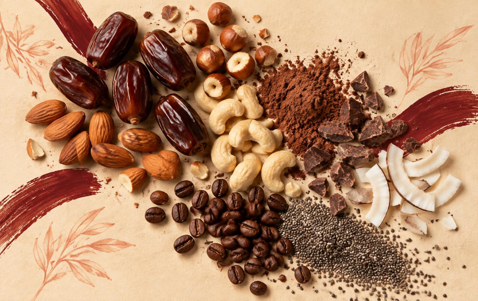 Dates, almonds, hazelnuts, cashews, cacao, coconut, coffee and chia seeds